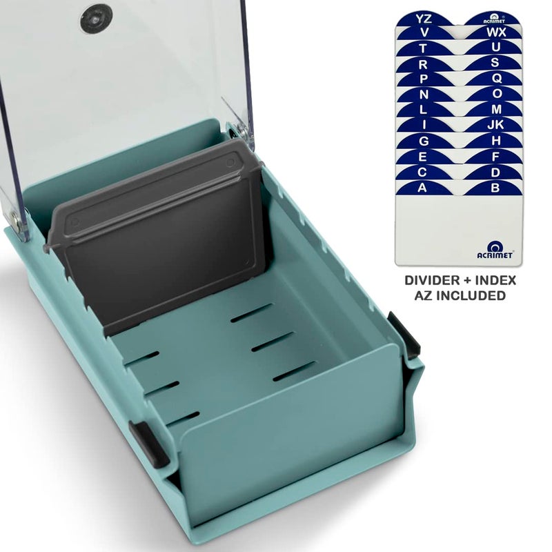 Acrimet Index Business Card Size File Holder Organizer Box Metal Base Heavy Duty (AZ Index Cards and Divider Included) (Green Color with Clear Crystal Plastic Lid Cover) - Image 3